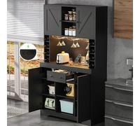 kowdom Meuble Cuisine Noir 180x105x40 cm, LED, Rangement, étagères | Buffet haut avec LED, étagères réglables, tiroir, porte-verres inox et casiers à bouteilles - rangement spacieux.