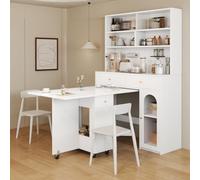 kowdom Meuble de cuisine haut avec table à manger pliable, table de bar sur roulettes, buffet de rangement pour cuisine, petits espaces, MDF, blanc, 120 x 45 x 180 cm