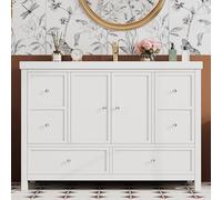 kowdom Meuble de lavabo de 120 cm de large, 4 tiroirs à fermeture douce, double porte, lavabo en résine intégré, laqué multicouche, meuble de salle de bain sur pied, blanc, 120 x 50 x 86 cm