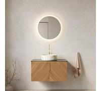 kowdom Meuble de lavabo mural 76 cm en chêne marron avec lavabo en céramique et plaque en pierre frittée - Meuble de salle de bain avec portes à fermeture douce et grain de bois diagonal - Résistant à