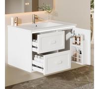 kowdom Meuble sous lavabo suspendu 76 cm blanc avec capteur radar LED et lavabo en céramique - Armoire de salle de bain avec 2 tiroirs à fermeture douce et éclairage automatique | MDF résistant à