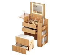 kowdom Petite coiffeuse avec miroir pliable LED et station de charge | Plaque latérale pliable, 2 prises + USB + Type-C, tabouret roulant avec espace de rangement, 3 couleurs de lumière