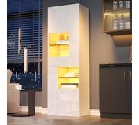 kowdom Vitrine avec LED, Armoire de Rangement Haute Blanche 55x38x170 cm - Étagère Réglable avec Tiroir et Compartiments Semi-Ouverts, Meuble Colonne Étroit pour Salon, Chambre ou Bureau