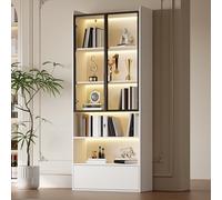 kowdom Vitrine avec LED, Armoire de Rangement Haute Blanche 80x34x180 cm - Étagère en Verre avec Tiroir, Meuble Colonne pour Salon, Chambre ou Bureau