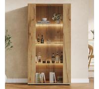 kowdom Vitrine avec LED et 2 portes en verre, 80 x 36 x 150,5 cm, naturel | 4 étagères, façade en verre et sécurité anti-basculement pour porcelaine, livres et objets de collection dans le salon ou la
