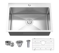 KOXKING Évier de cuisine de 63,5 x 45,7 cm, bol simple en acier inoxydable T304 de calibre 11, finition brossée de 22,9 cm de profondeur avec 2 trous, filtre à panier, coins R10 pour bar RV buanderie