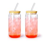 Koythin Lot de 2 tasses en verre avec couvercles et pailles, adorables gobelets à café glacé pour thé, lait, smoothie, latte, jus, ensemble de verres à nœud papillon pour maman, fille, femme, 480 ml
