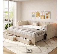 kozamas Canapé-lit, 90 x 200 cm, extensible jusqu'à 180 cm, en chenille beige, avec 2 tiroirs, USB, sommier à lattes, lit d'invités, pour petits appartements et chambres d'adolescent