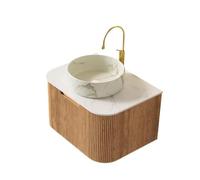 kozamas Lavabo de salle de bain suspendu de 61 cm avec aspect marbre, plaque en pierre frittée Carrara, façade incurvée rayée avec tiroir, pré-assemblé, grain de bois naturel