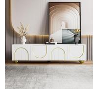 kozamas Meuble bas 170 x 38 x 44 cm - Push to Open, charnières amorties, meuble TV bas blanc avec arcs dorés et sculptures, 4 portes, 5 pieds dorés, meuble TV luxueux, buffet TV