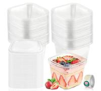 Kozdtiz Lot de 50 gobelets à dessert en plastique avec couvercle - 400 ml - Rectangulaires - Réutilisables - Gobelets à apéritif parfaits pour tiramisu, desserts, pudding, mousse