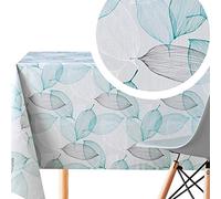 KP HOME Jolie Nappe PVC Motif à Feuilles Gris avec Bleu Sarcelle - Toile Ciree Feuille Carrée 140x140 cm Facile à Nettoyer Epais Restaurant Cuisine Jardin - Nappe Plastique Vinyle Ciree