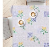 KP HOME Nappe Carrée en PVC Beige Lavable - 140x140 cm - Housse Étanche en Plastique À Effet Lin avec Olives - Nappe Toile Cirée pour Intérieur Et Extérieur, Imprimé Carrelage Porto Et Citron