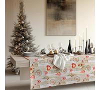 KP HOME Nappe Joyeux Noël Festive en Vinyle PVC Crème - Facile À Nettoyer avec Flocons De Neige Rouge Cœurs Épicéa - Carrée 140 x 140 cm pour 4 Couverts - Toile Cirée Réutilisable Et Résistante
