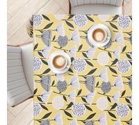 KP HOME Nappe Rectangulaire Florale en PVC Lavable - Effet Pailleté - Taille 200x140 Cm - Housse De Table Plastique Étanche Jaune - Nappe Toile Cirée Élégante avec Grandes Fleurs Grises