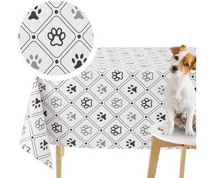 KP HOME Toile Cirée 137x137cm, Imperméable et Facile à Nettoyer, Housse de Table en PVC pour Intérieur et Extérieur, Nappe Plastique Blanche en Vinyle à Motif de Pattes de Chien Noires et Grise