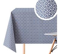 KP HOME Toile Cirée Carré Rétro Bleu Marine 140 x 140 cm - Imperméable et Facile à Nettoyer - Motif Géométrique Floral Blanc - Nappe Plastique Vintage Classique pour d’Extérieur et d’Intérieur
