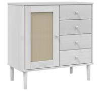 KPWENFBSL Buffet SENJA aspect rotin en pin blanc 80 x 40 x 80 cm | Commode élégante au design bohème avec façades en rotin synthétique pour le salon et la chambre à coucher. 4 tiroirs et