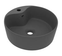 KQMNWMR Lavabo à poser rond en céramique gris foncé mat 36 x 13 cm | Lavabo élégant pour toilettes d'invités et meubles de salle de bain, avec trop-plein et trou de robinet pré-percé pour le
