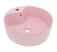 KQMNWMR Lavabo à poser rond en céramique rose mat 36 x 13 cm | Vasque moderne pour toilettes d'invités et salle de bain avec trop-plein intégré et trou de robinet pré-percé pour lavabo.