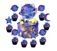 Kreatwow Galaxy Décorations de gâteau d'anniversaire 25pcs Système solaire Joyeux anniversaire Cake Topper Planètes Étoile Lune Espace extra-atmosphérique Cupcake Toppers pour Starry Sky Party