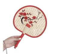 KRFVGYQNK Éventail en bambou tressé, Multicolor Hand-Woven Straw Fan Flower Embroidery Summer Handheld for Outdoor and Parties(Red)