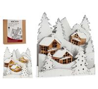 Krist+ Village de Noël en bois blanc avec arbre et paillettes lumineux 44 x 48 x 7 cm (Set de 4)
