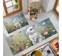 KRSAZCM Animaux Mignons Tapis de Cuisine Devant Evier Antidérapant Lavable, Prairie Fleurie des Lapins Tapis Couloir Absorbant pour Buanderie Cuisine Salle de Bain - 43x75+43x150cm