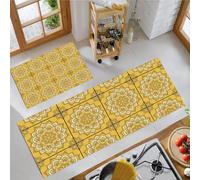 KRSAZCM Céramiques Rétro Tapis de Cuisine 2 pièces, Motifs Géométriques Tapis de Cuisine antidérapant, Jaune Doré Absorbant l'eau et l'huile pour Couloir, Salle à Manger - 43x75+43x150cm