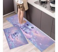 KRSAZCM Conte Fées Fantastique Tapis de Cuisine 2 pièces, Cœur Licorne Tapis de Cuisine antidérapant, Violet Clair Absorbant l'eau pour Couloir, Salle à Manger - 44x70+44x120cm