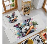 KRSAZCM Dessin Animé À L'Aquarelle Lot de 2 Tapis de Cuisine antidérapant, Lapin Aux Éclaboussures d'encre Colorée Lavable Tapis de Cuisine pour Cuisine Couloir Chambre à Coucher, 44x70+44x120cm