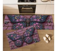 KRSAZCM Luxe Rétro Tapis de Cuisine 2 pièces, Papillon Relief Tapis de Cuisine antidérapant et Lavable, Rose Violet Absorbant l'huile pour Couloir, Salle à Manger, Entrée et Porte - 44x70+44x120cm