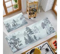 KRSAZCM Nebelwald Tapis de Cuisine 2 pièces, Nebeliger Bergwald Tapis de Cuisine antidérapant, Grau Absorbant l'huile pour Couloir, Salle à Manger - 43x75+43x150cm