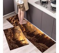 KRSAZCM Nordamerikanische Berglandschaft Tapis de Cuisine 2 pièces, Kieferbär Tapis de Cuisine antidérapant, Goldbraun Absorbant l'huile pour Couloir, Salle à Manger - 43x75+43x150cm