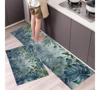 KRSAZCM Pflanzenblätter Tapis de Cuisine Devant Evier Antidérapant Lavable, Tropische Monstera-Palmenblätter Tapis Couloir Absorbant pour Buanderie Cuisine Salle de Bain - 43x75+43x150cm