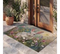 KRSAZCM Prairie Fleurs Sauvages Au Lapin Paillasson D'Entrée, Peinture À l'huile d'animaux Tapis De Porte Antidérapant, Vert Clair Tapis Absorbant pour Entrée Porte Couloir - 45 X 75 Cm