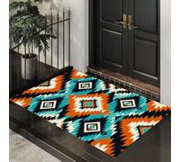 KRSAZCM Totem Aztèque Paillasson D'Entrée Discret Absorbant - 50 x 80 cm - Antidérapant -Losange Géométrique Tapis De Sol pour Entrée d'animaux Salle De Bain - Cyan