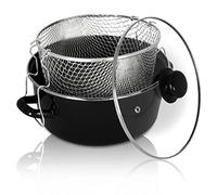 KRÜGER Casserole à frites en émail avec bord chromé, passoire et couvercle en verre - 24 cm - Conduction thermique parfaite - Casserole pour frire des frites, des calamares, etc.