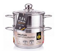 KRÜGER Cuiseur à pommes de terre en acier inoxydable avec couvercle en verre, fertilisant bio avec bord verseur pratique et fond capsulé économe en énergie, casserole pour une cuisson sans eau et une