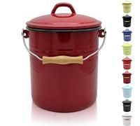 KRÜGER Poubelle avec couvercle - Poubelle en acier avec revêtement en émail et poignée en bois - Surface résistante aux coupures et aux rayures - Durable et polyvalente (5 litres, rouge)