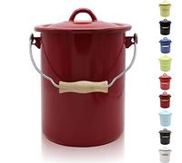 KRÜGER Poubelle avec couvercle - Poubelle en acier avec revêtement en émail et poignée en bois - Surface résistante aux coupures et aux rayures - Durable et polyvalente (3 l, rouge)