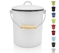 Krüger Poubelle avec couvercle - Poubelle en acier avec revêtement en émail et poignée en bois - Surface résistante aux coupures et aux rayures - Durable et polyvalente (5 litres, blanc)