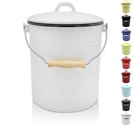 Krüger Poubelle avec couvercle - Poubelle en acier avec revêtement en émail et poignée en bois - Surface résistante aux coupures et aux rayures - Durable et polyvalente (10 litres, blanc)