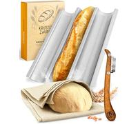 KRUSTENZAUBER Moule à baguette anti-adhésif avec toile de boulanger et couteau de boulanger - 3 plaques à baguette - Idéal comme plaque à baguette, moule à pain