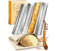 KRUSTENZAUBER Moule à baguette anti-adhésif avec toile de boulanger et couteau de boulanger - 4 plaques à baguette - Idéal comme plaque à baguette, moule à pain