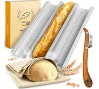 KRUSTENZAUBER Moule à baguette anti-adhésif avec toile de boulanger et couteau de boulanger - 3 plaques à baguette - Idéal comme plaque à baguette, moule à pain