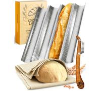 KRUSTENZAUBER Moule à baguette anti-adhésif avec toile de boulanger et couteau de boulanger - 4 plaques à baguette - Idéal comme plaque à baguette, moule à pain