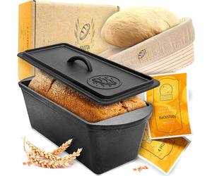 KRUSTENZAUBER Moule à pain avec couvercle incl. panier de fermentation - Moule robuste de 28cm en fonte - Idéal comme moule à pain, moule à toast, moule à pain, marmite en fonte Accessoires pour cuire