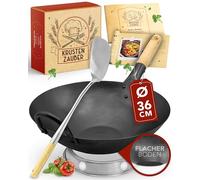 KRUSTENZAUBER Poêle wok traditionnelle en acier au carbone 36 cm avec spatule et anneau wok, à induction, woktte, accessoires, en acier au carbone