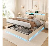KRYZOR Lit capitonné, 160 x 200 cm, avec coffre de lit, hydraulique, avec LED et USB, avec espace de rangement caché dans la tête de lit, cadre de lit moderne avec sommier à lattes, beige A, 160 x 200